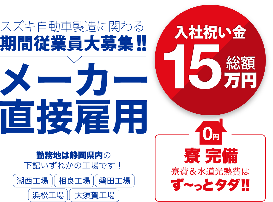 【入社祝い金 総額15万円】スズキ自動車製造に関わる期間従業員大募集!! メーカー直接雇用 勤務地は静岡県内のいずれかの工場【寮完備 寮費&水道光熱費はずーっとタダ!!】